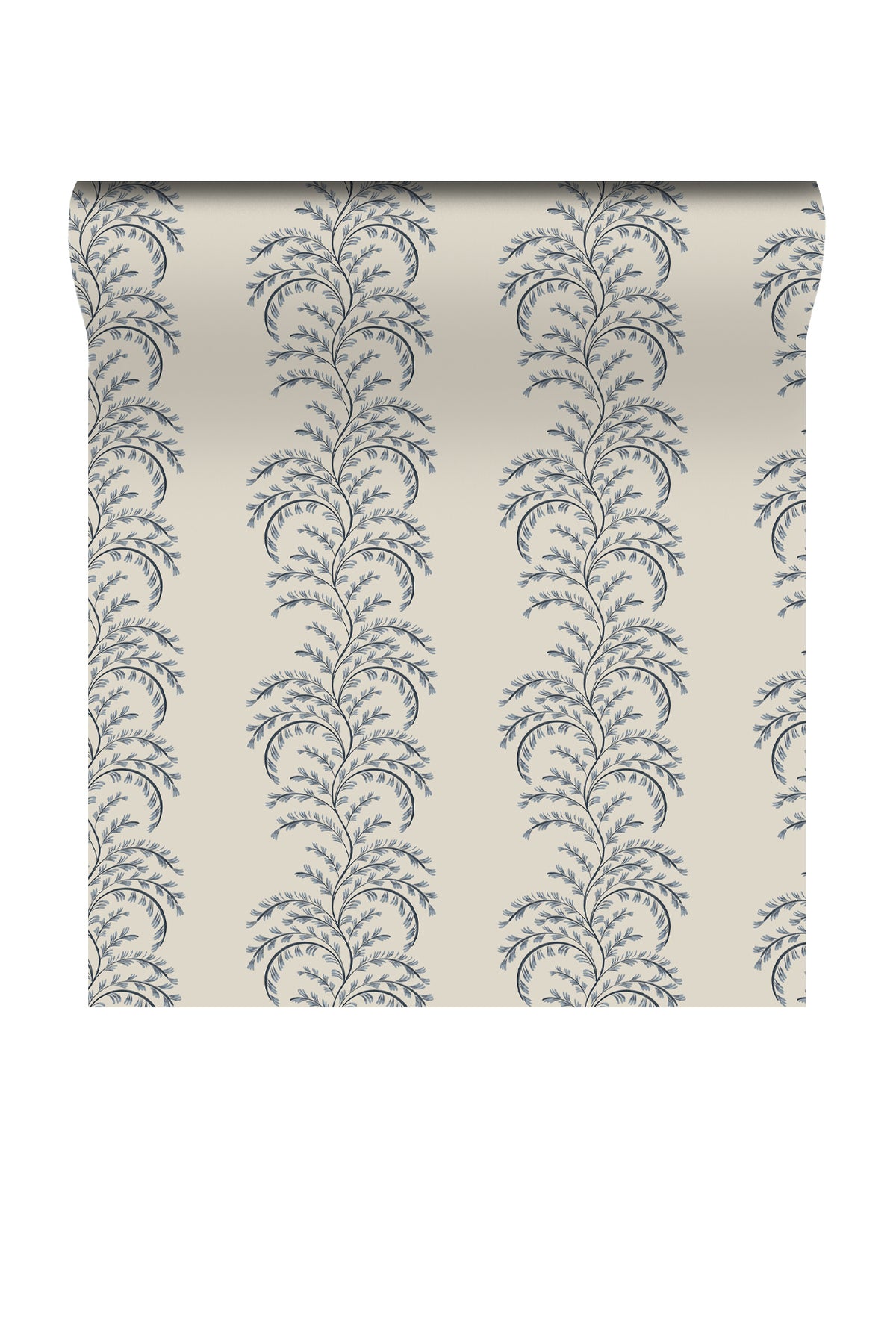 A roll of wallpaper with a repeating vertical damask-style floral pattern in muted blue-gray on a warm cream background, shown against a plain white studio backdrop.