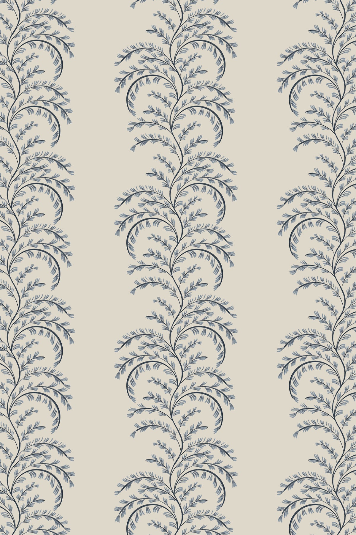 Beige wallpaper with a repeating vertical botanical scroll pattern in muted blue-gray.