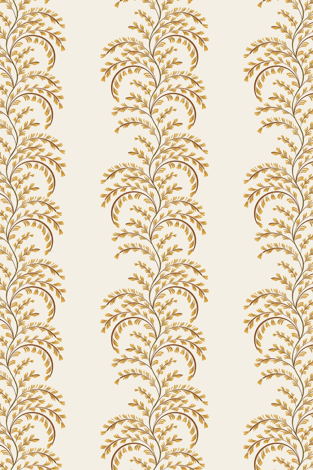 Vertical damask wallpaper pattern featuring elegant gold and brown leafy vine motifs on a warm cream background.