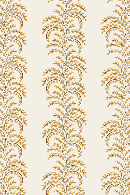 Vertical damask wallpaper pattern featuring elegant gold and brown leafy vine motifs on a warm cream background.