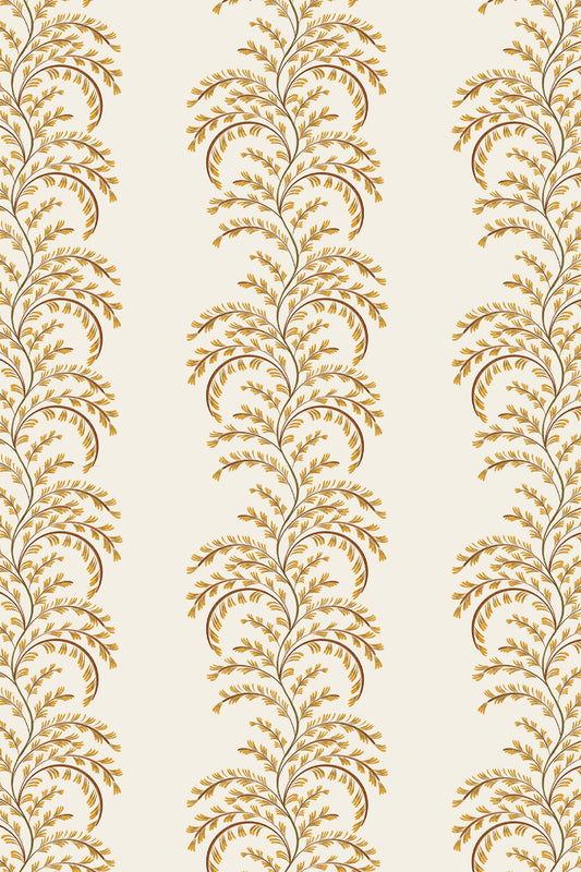 Vertical damask wallpaper pattern featuring elegant gold and brown leafy vine motifs on a warm cream background.
