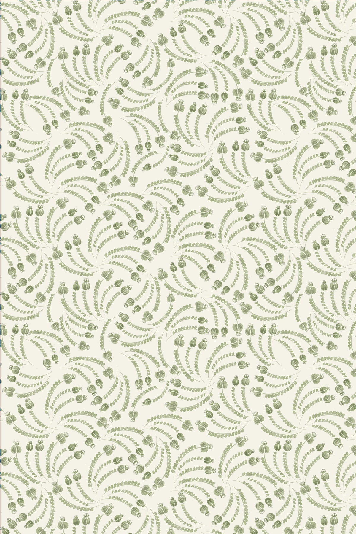A repeating botanical pattern featuring sage green fern-like leaves and small oval accents on a warm off-white background.
