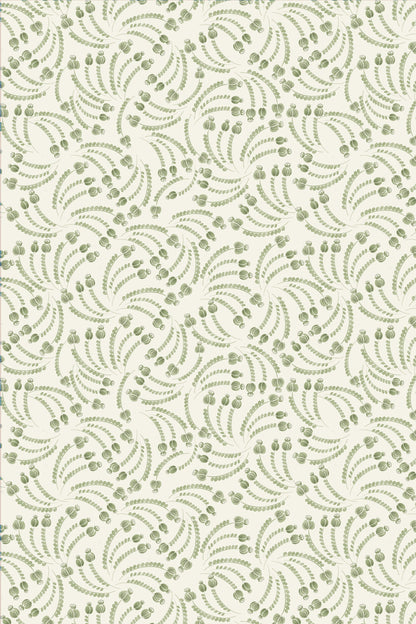 A repeating botanical pattern featuring sage green fern-like leaves and small oval accents on a warm off-white background.