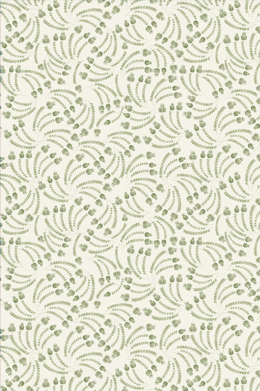A repeating botanical pattern featuring sage green fern-like leaves and small oval accents on a warm off-white background.