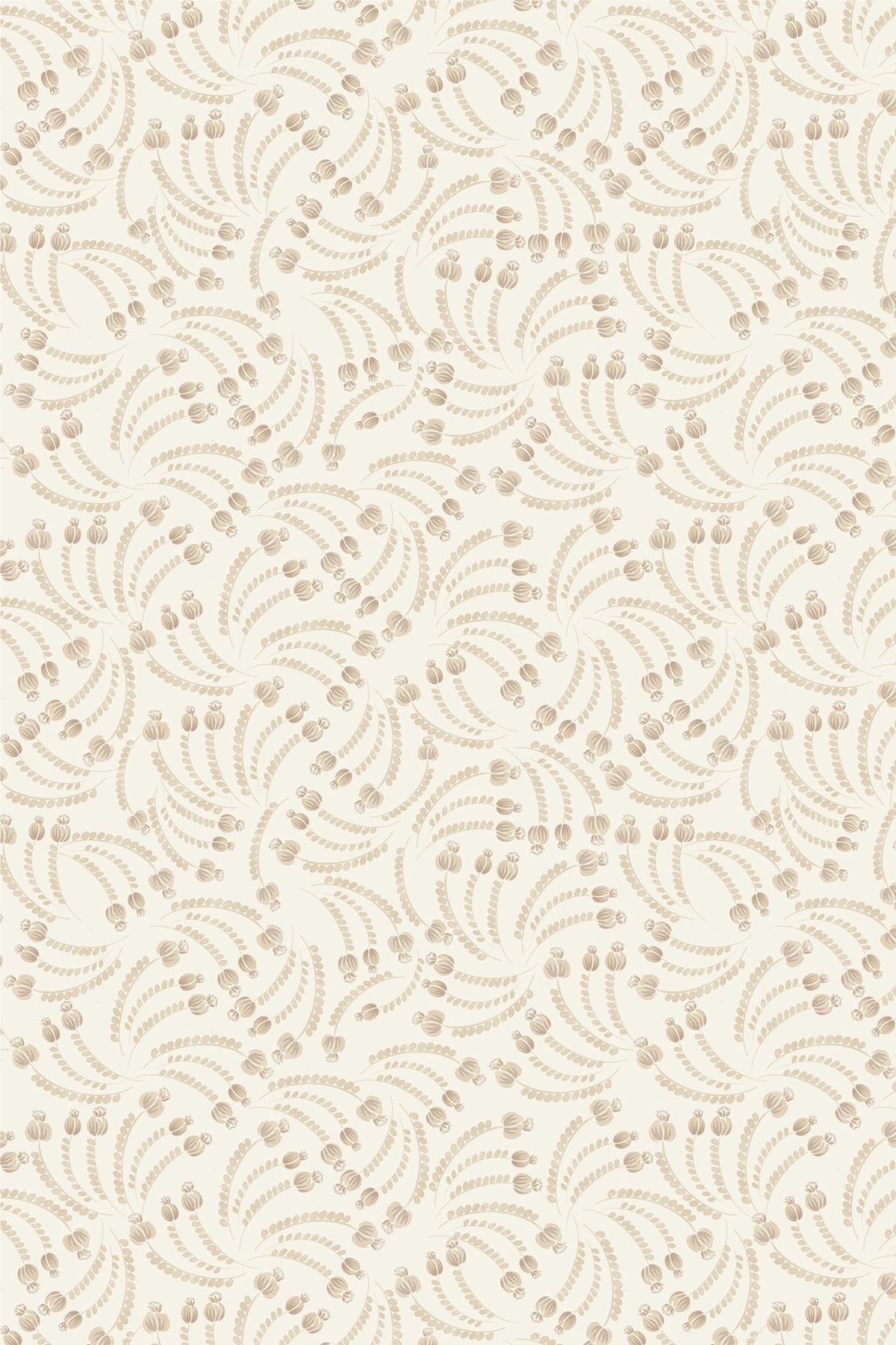 Beige and cream wallpaper featuring a repeating damask-style floral pattern with scalloped leaf motifs and small dotted accents.