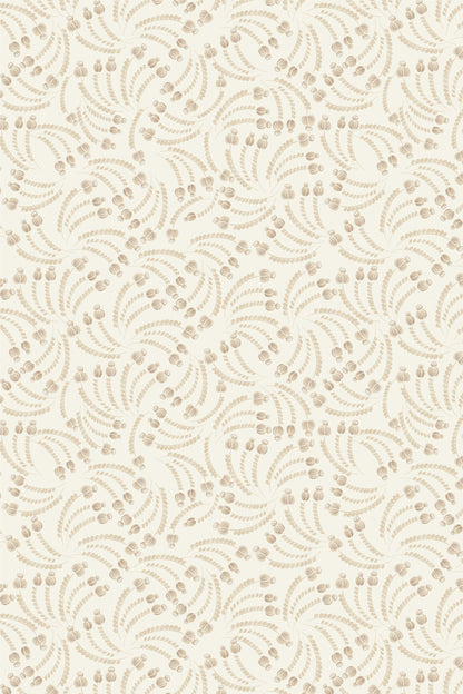 Beige and cream wallpaper featuring a repeating damask-style floral pattern with scalloped leaf motifs and small dotted accents.
