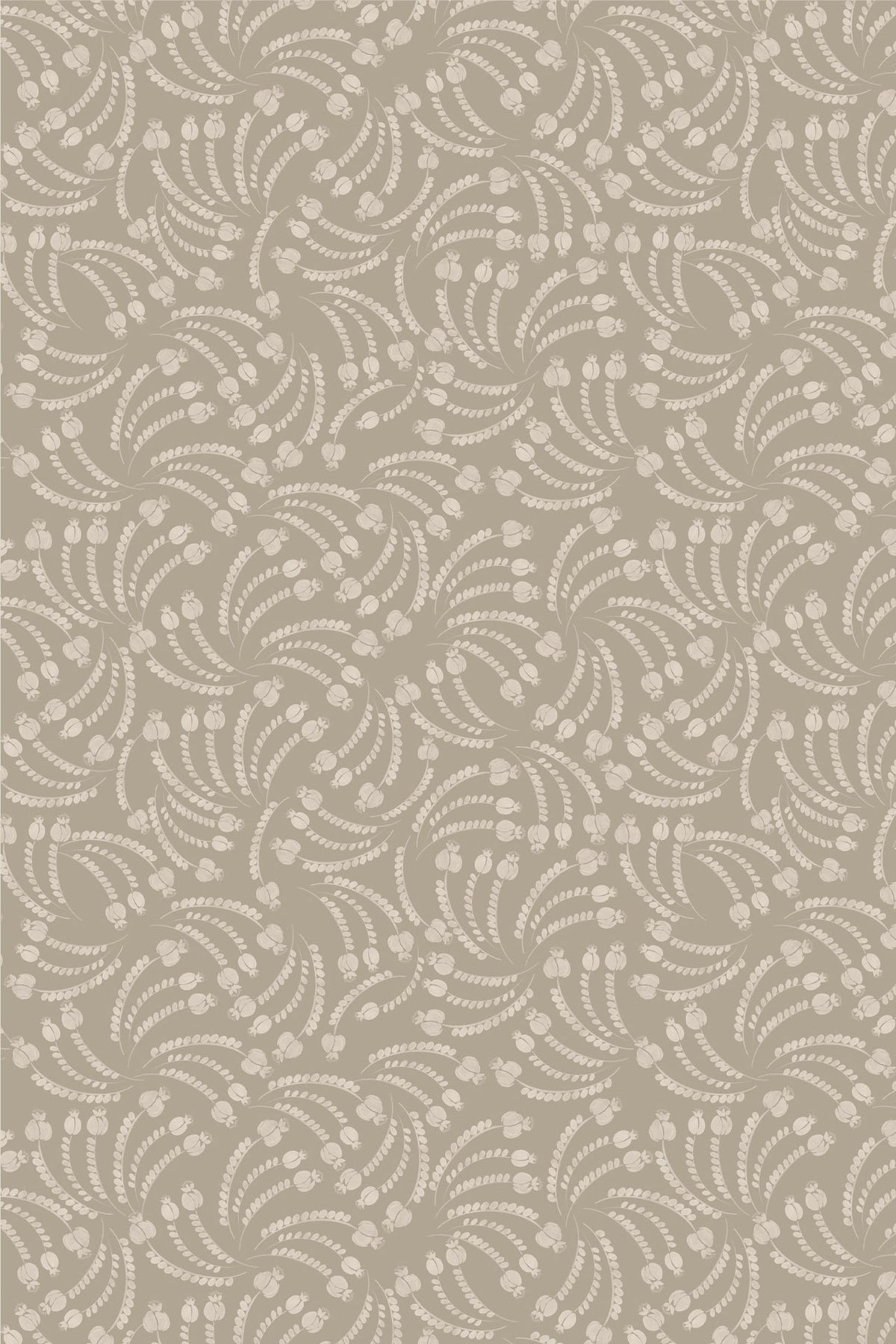 A close-up of a repeating fabric or wallpaper pattern featuring light beige floral and leaf motifs on a warm taupe-gray background.