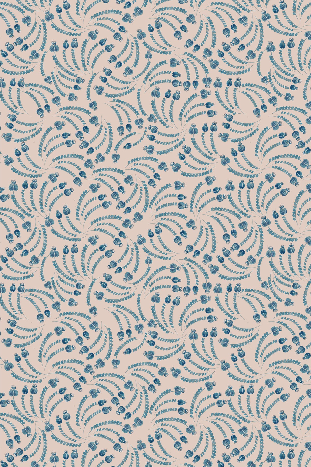 A repeating fabric or wallpaper pattern featuring blue-green scalloped wave motifs with small dot accents on a warm beige background.