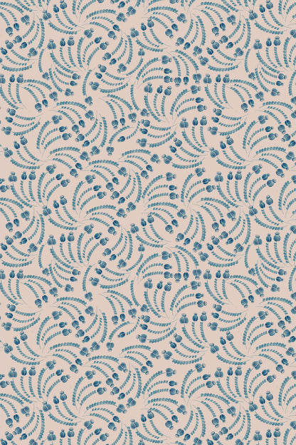 A repeating fabric or wallpaper pattern featuring blue-green scalloped wave motifs with small dot accents on a warm beige background.