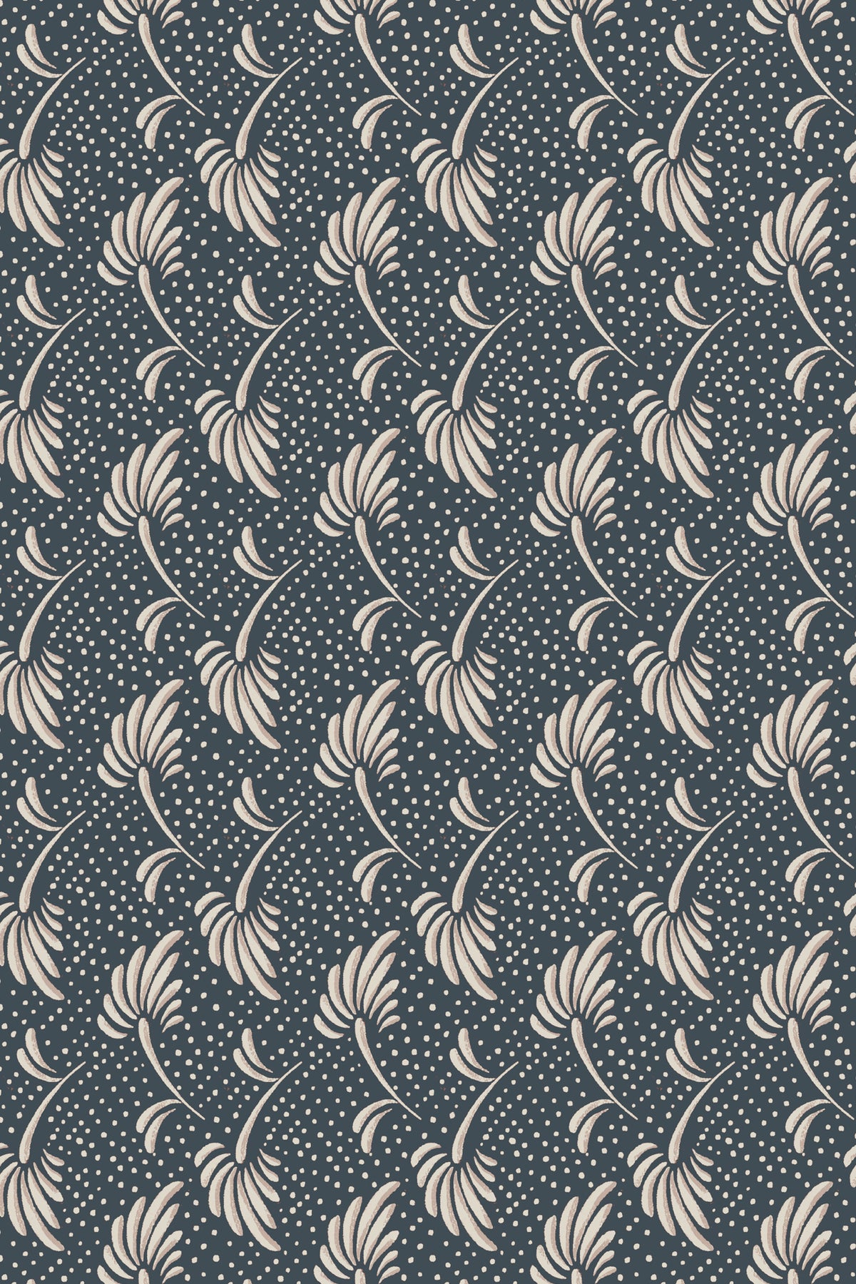 A repeating floral damask pattern in cream on a dark slate blue background, featuring stylized flowers and leaves with small dots.