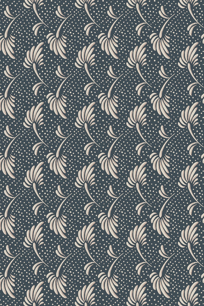 A repeating floral damask pattern in cream on a dark slate blue background, featuring stylized flowers and leaves with small dots.