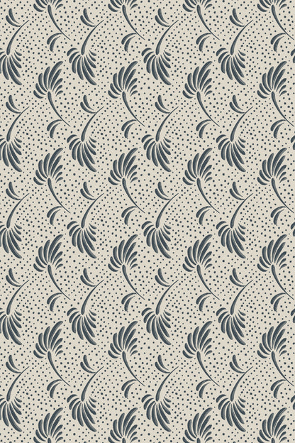 A repeating vintage-style floral pattern in dark gray on a warm cream background, with small scattered dots throughout.