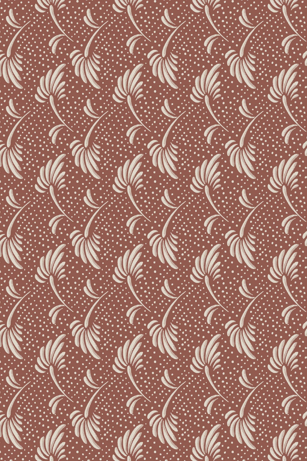 A repeating vintage-style floral pattern in cream on a warm terracotta brown background, featuring stylized leaf and vine motifs with small dots.