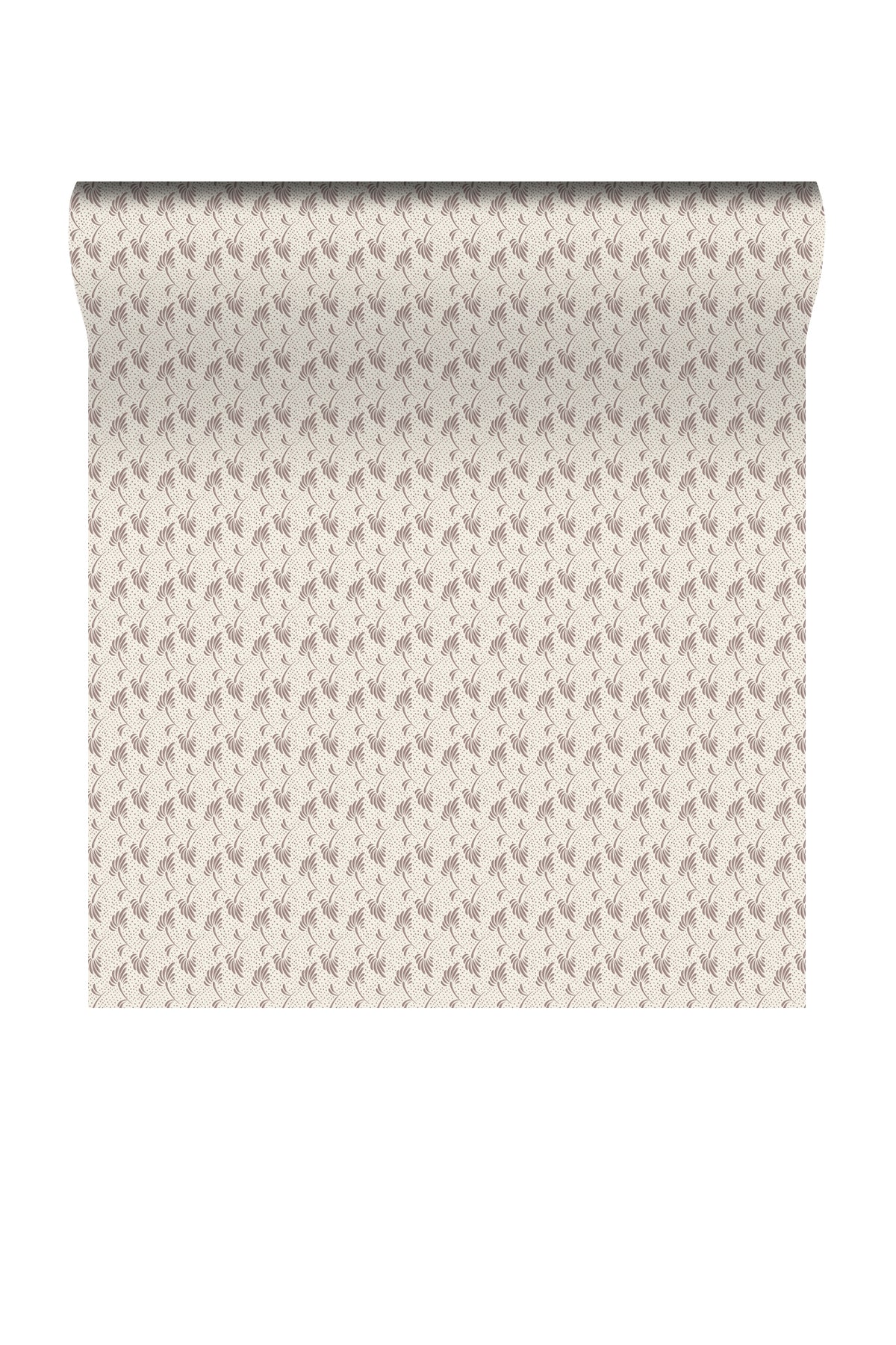A roll of wallpaper with a repeating small houndstooth pattern in warm beige and light taupe on an off-white background, shown against a plain white studio background.
