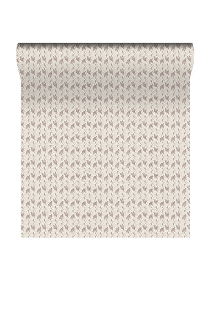 A roll of wallpaper with a repeating small houndstooth pattern in warm beige and light taupe on an off-white background, shown against a plain white studio background.