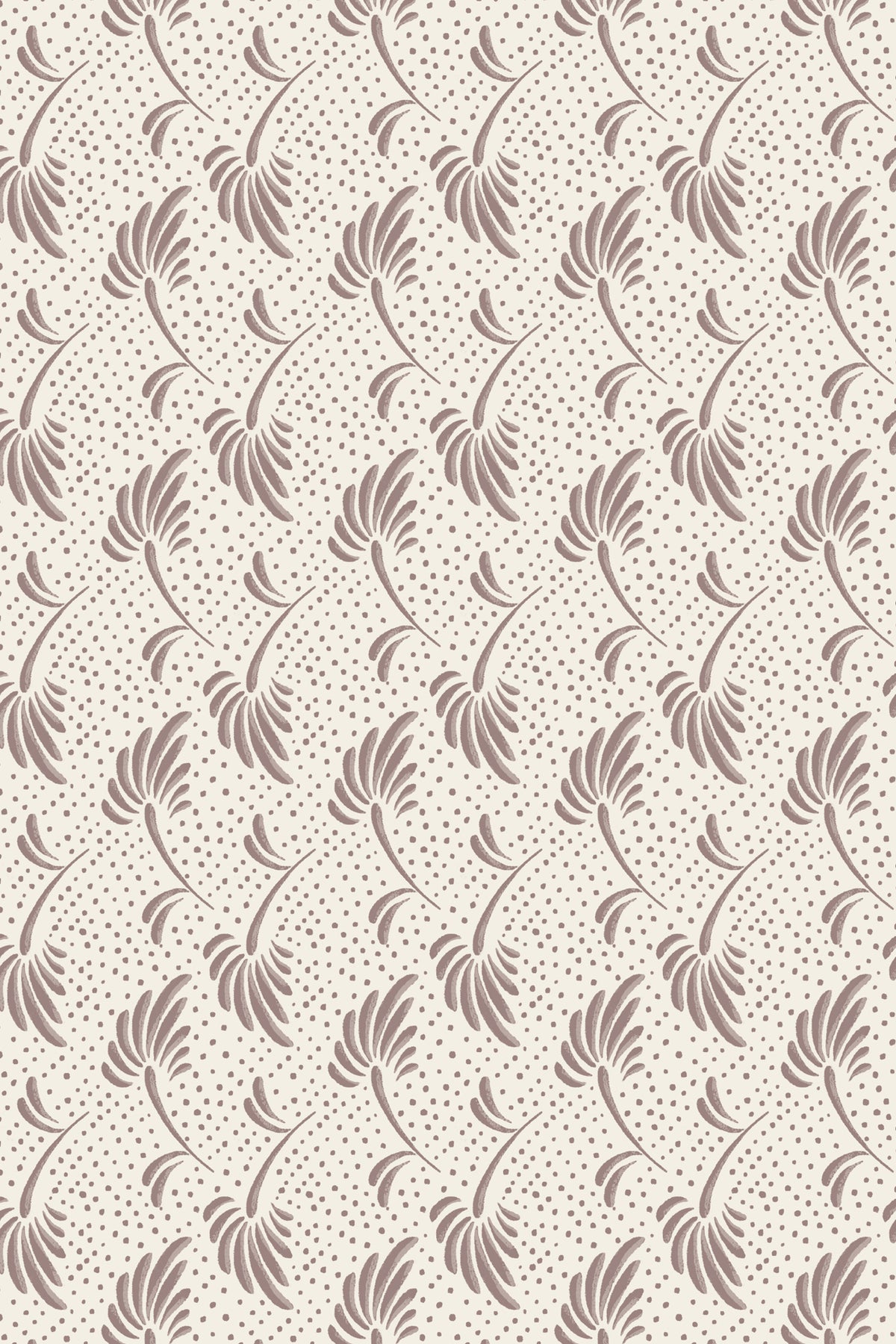 A repeating vintage-style floral pattern in muted taupe brown on a warm cream background, with small scattered dots throughout.