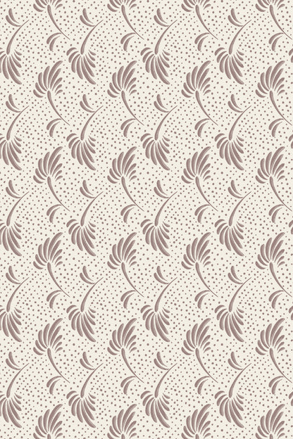 A repeating vintage-style floral pattern in muted taupe brown on a warm cream background, with small scattered dots throughout.