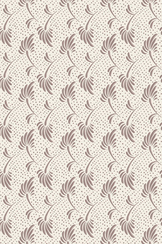 A repeating vintage-style floral pattern in muted taupe brown on a warm cream background, with small scattered dots throughout.