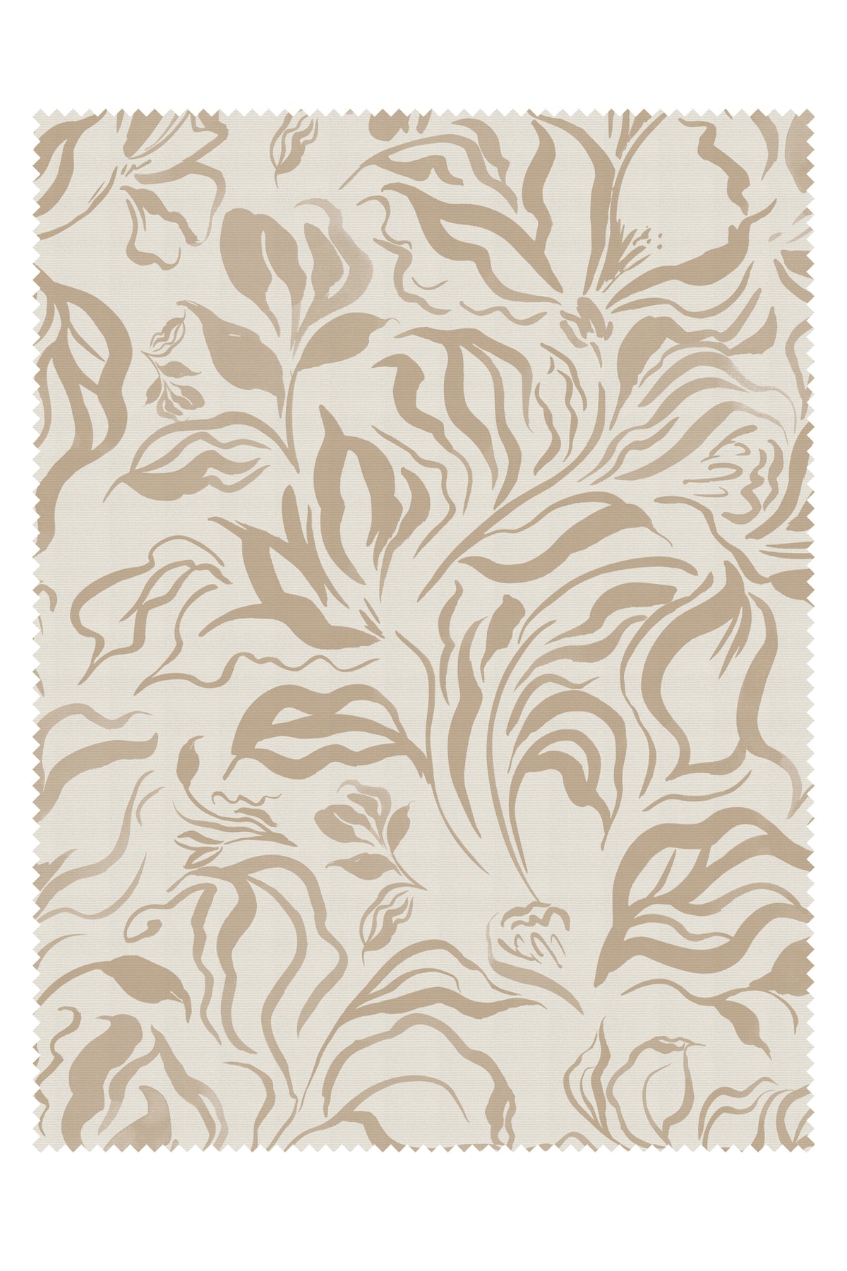 A rectangular fabric or wallpaper sample with a scalloped edge, featuring an abstract botanical pattern in warm taupe and beige on an off-white background.