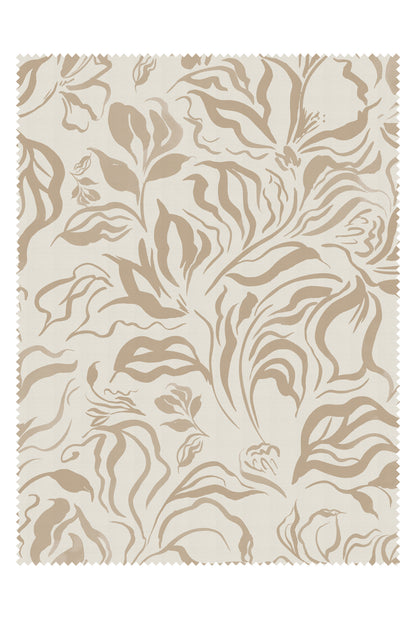 A rectangular fabric or wallpaper sample with a scalloped edge, featuring an abstract botanical pattern in warm taupe and beige on an off-white background.