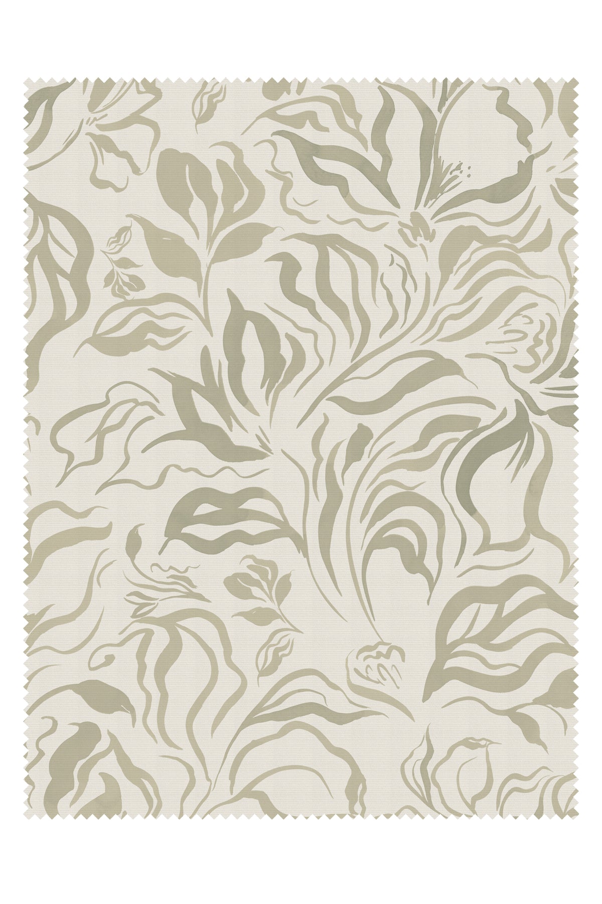 A rectangular fabric or wallpaper sample with a scalloped edge, featuring an abstract botanical pattern in muted sage green on a warm off-white background.