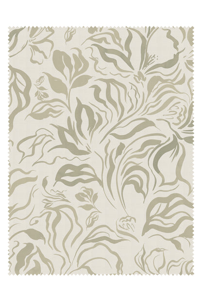 A rectangular fabric or wallpaper sample with a scalloped edge, featuring an abstract botanical pattern in muted sage green on a warm off-white background.