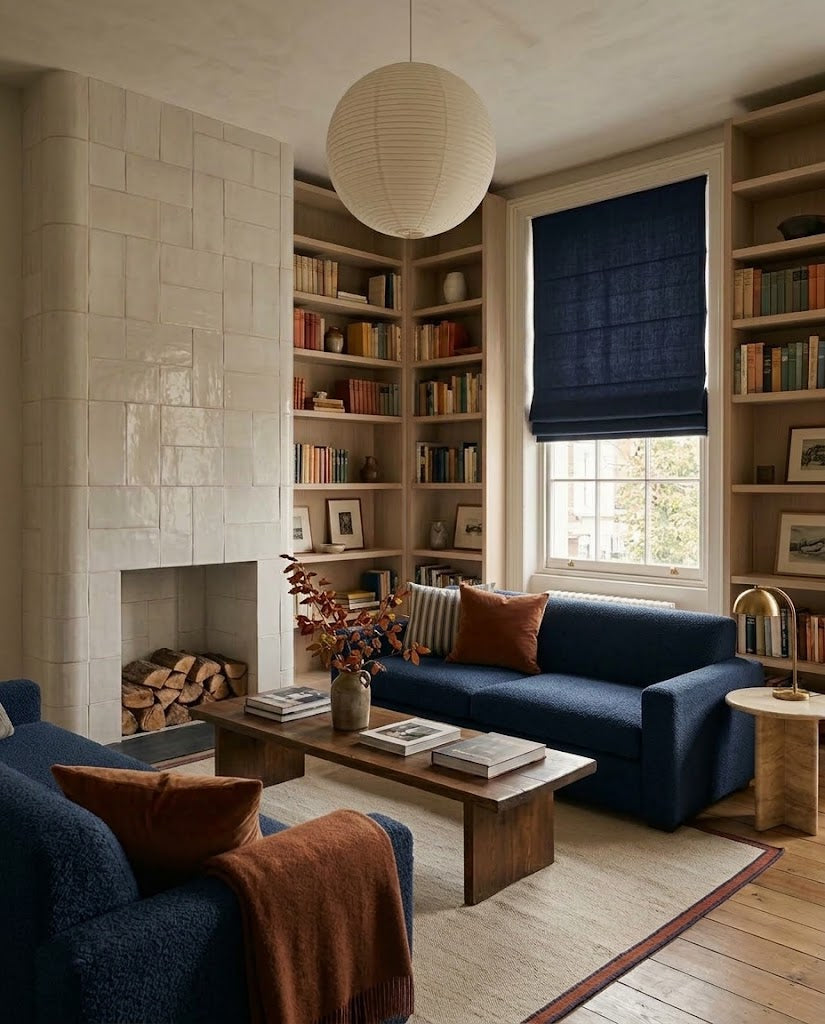 A cozy, well-lit living room featuring a navy blue sofa and matching armchair, a wooden coffee table, built-in bookshelves, a tiled fireplace, and a large white globe pendant light.