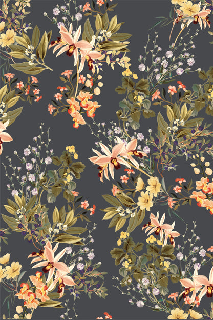 A repeating botanical pattern featuring peach and cream flowers, yellow blossoms, and olive green leaves on a dark charcoal gray background.