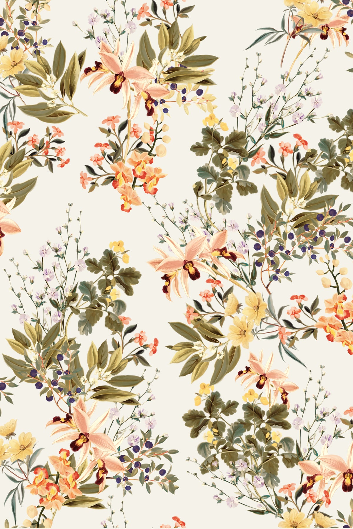 A repeating botanical pattern featuring peach orchids, green leaves, yellow wildflowers, and small purple berries on a warm off-white background.