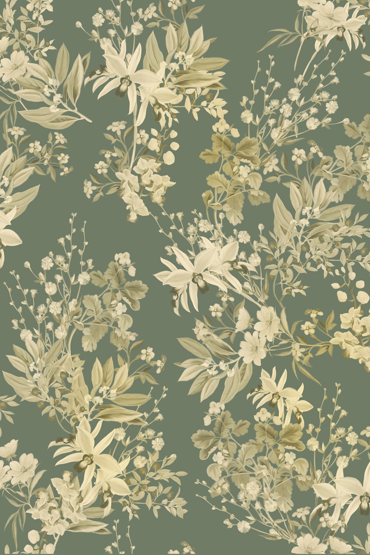 A repeating botanical floral pattern with cream and beige flowers and leaves on a muted sage green background.