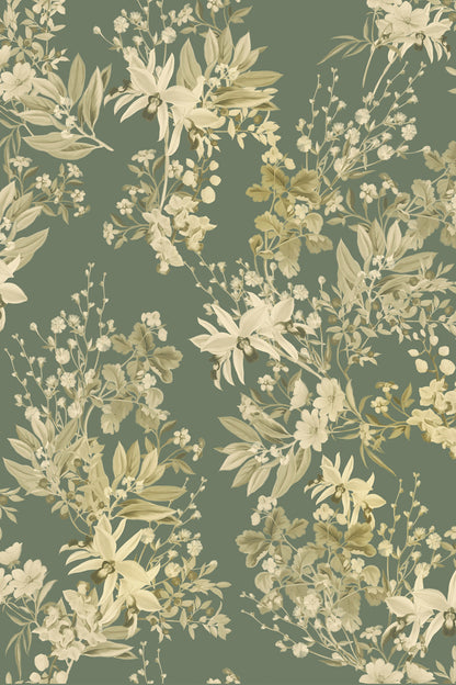 A repeating botanical floral pattern with cream and beige flowers and leaves on a muted sage green background.