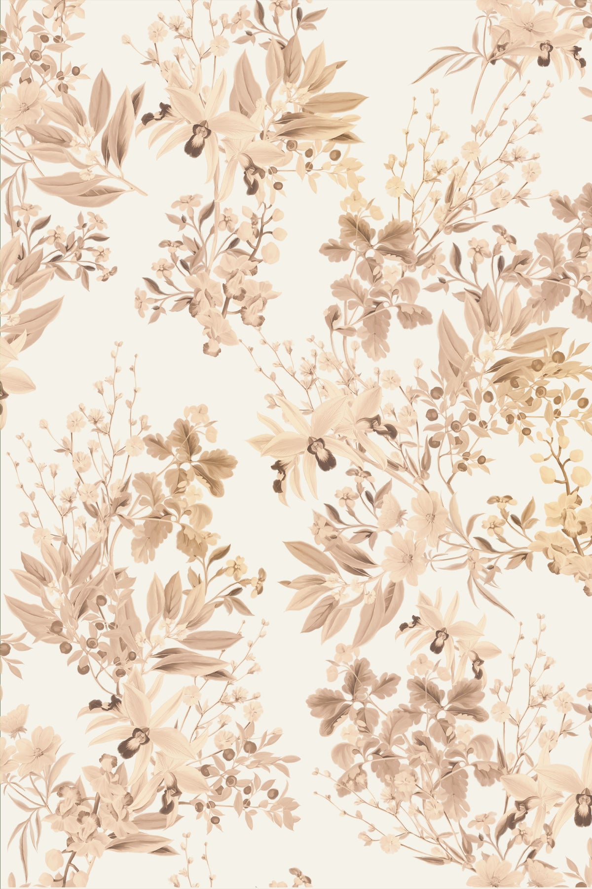 A repeating botanical pattern featuring delicate beige and tan leaves, stems, and small flowers on an off-white background.