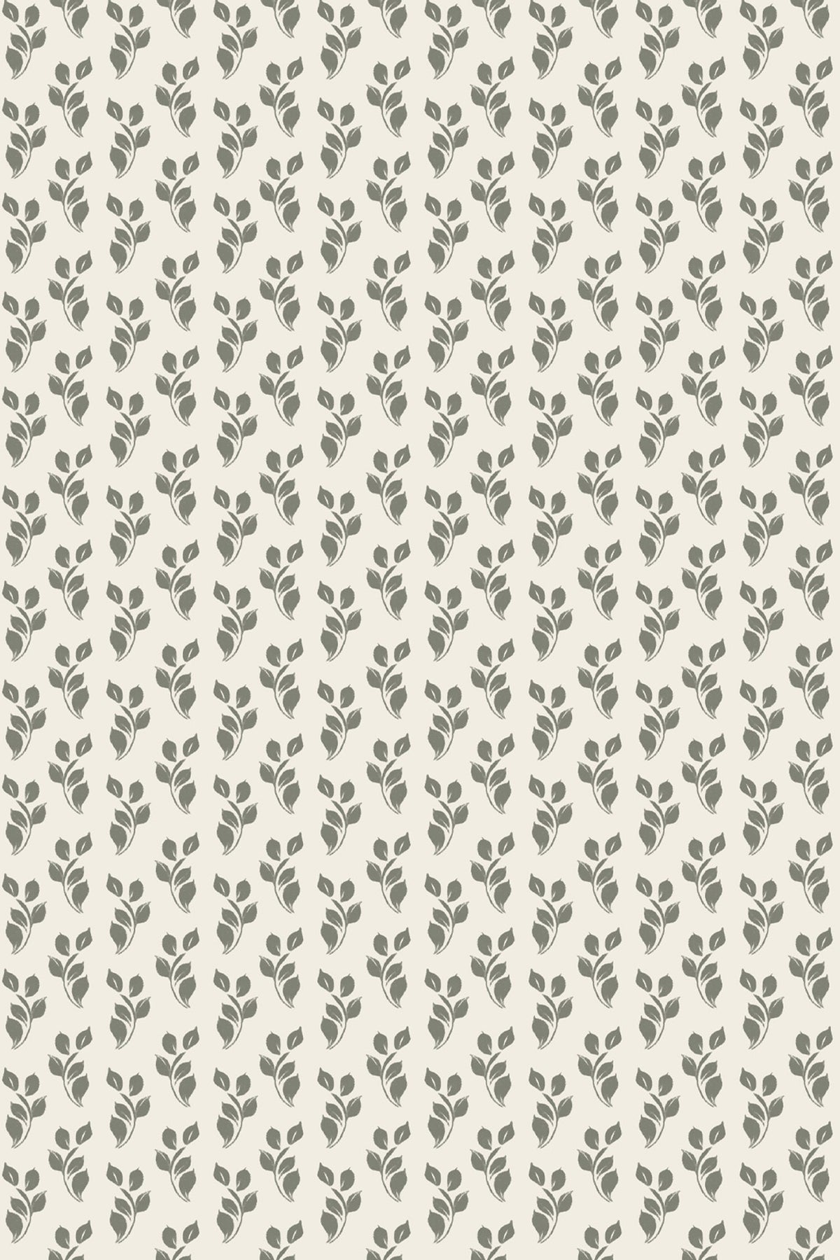 A repeating botanical pattern of small gray leafy stems on a warm off-white background.
