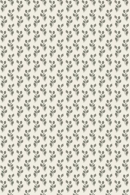 A repeating botanical pattern of small gray leafy stems on a warm off-white background.