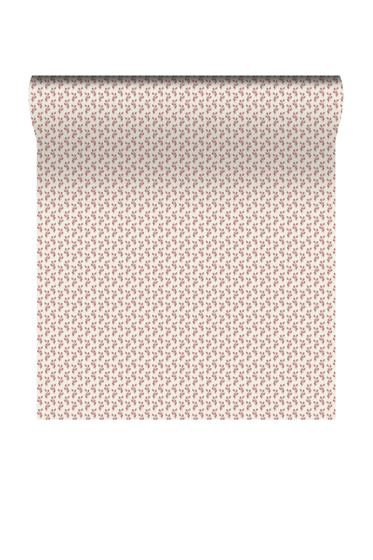 A roll of wrapping paper with a delicate, repeating floral pattern in soft pink and brown on a white background, shown partially unrolled.