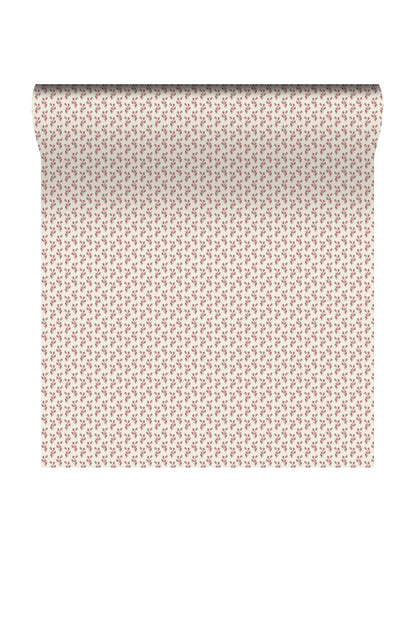A roll of wrapping paper with a delicate, repeating floral pattern in soft pink and brown on a white background, shown partially unrolled.