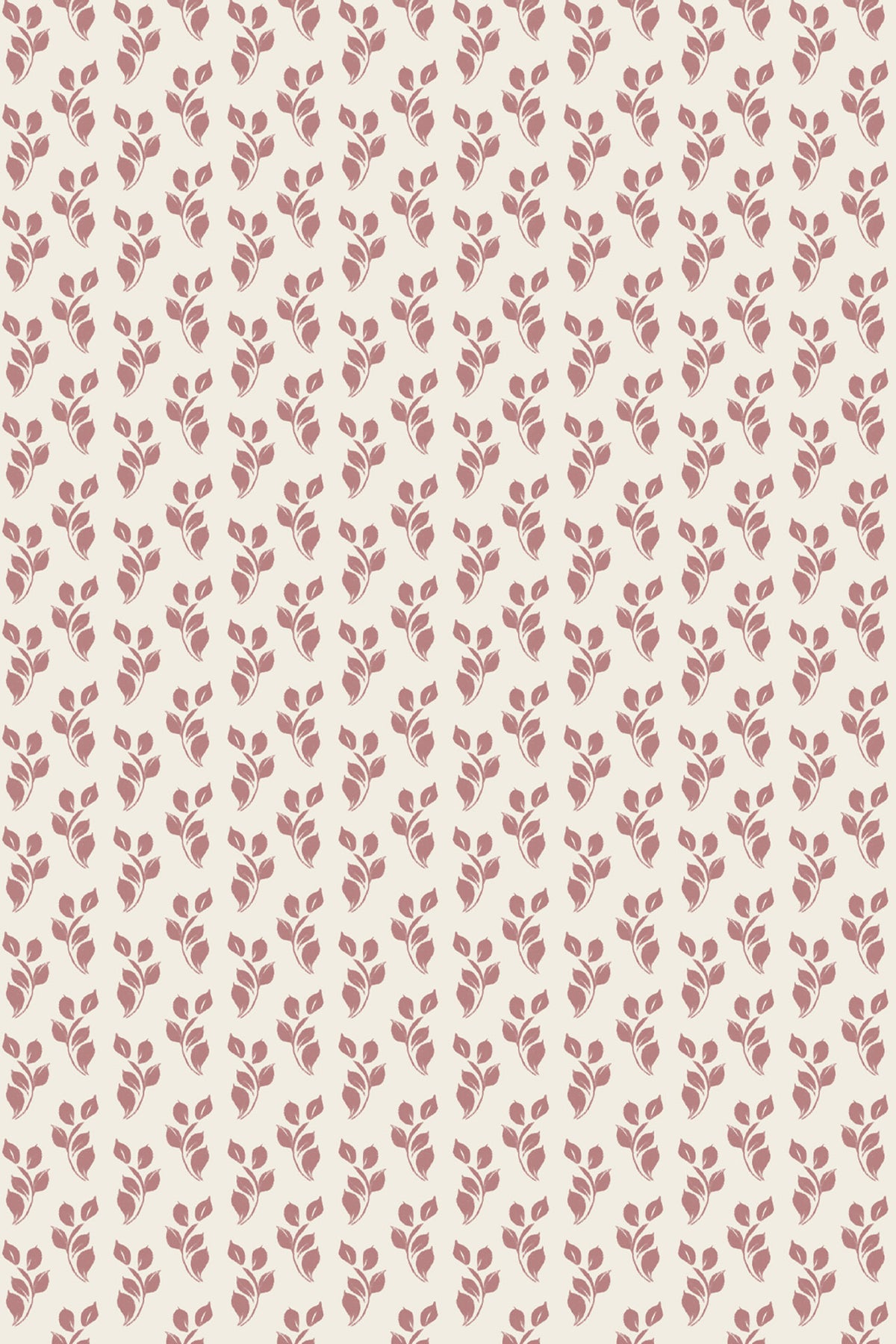 A repeating floral pattern featuring small dusty rose leafy stems on a warm cream background.