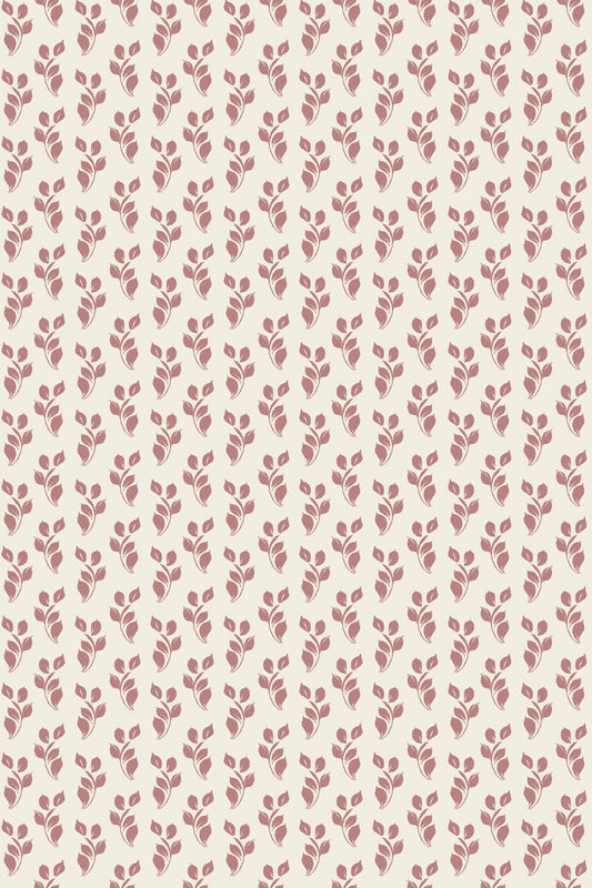 A repeating floral pattern featuring small dusty rose leafy stems on a warm cream background.
