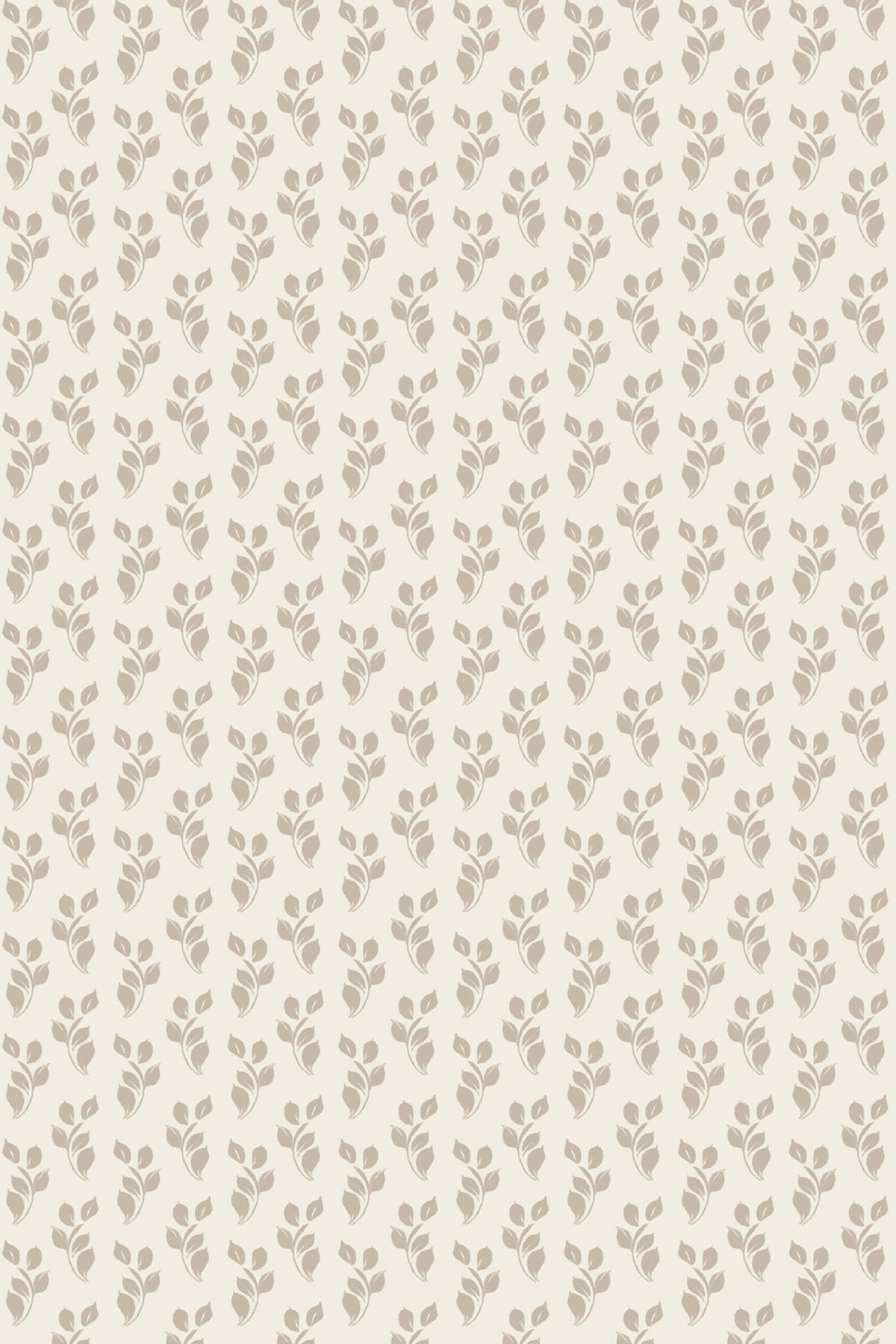 A repeating pattern of small muted taupe leafy sprigs on a warm off-white background, shown as a flat all-over surface design.