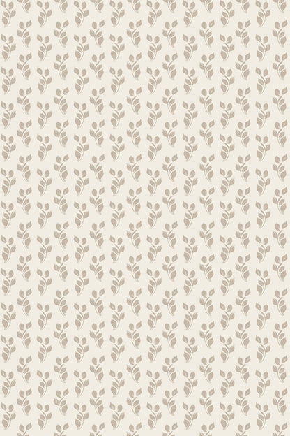 A repeating pattern of small muted taupe leafy sprigs on a warm off-white background, shown as a flat all-over surface design.