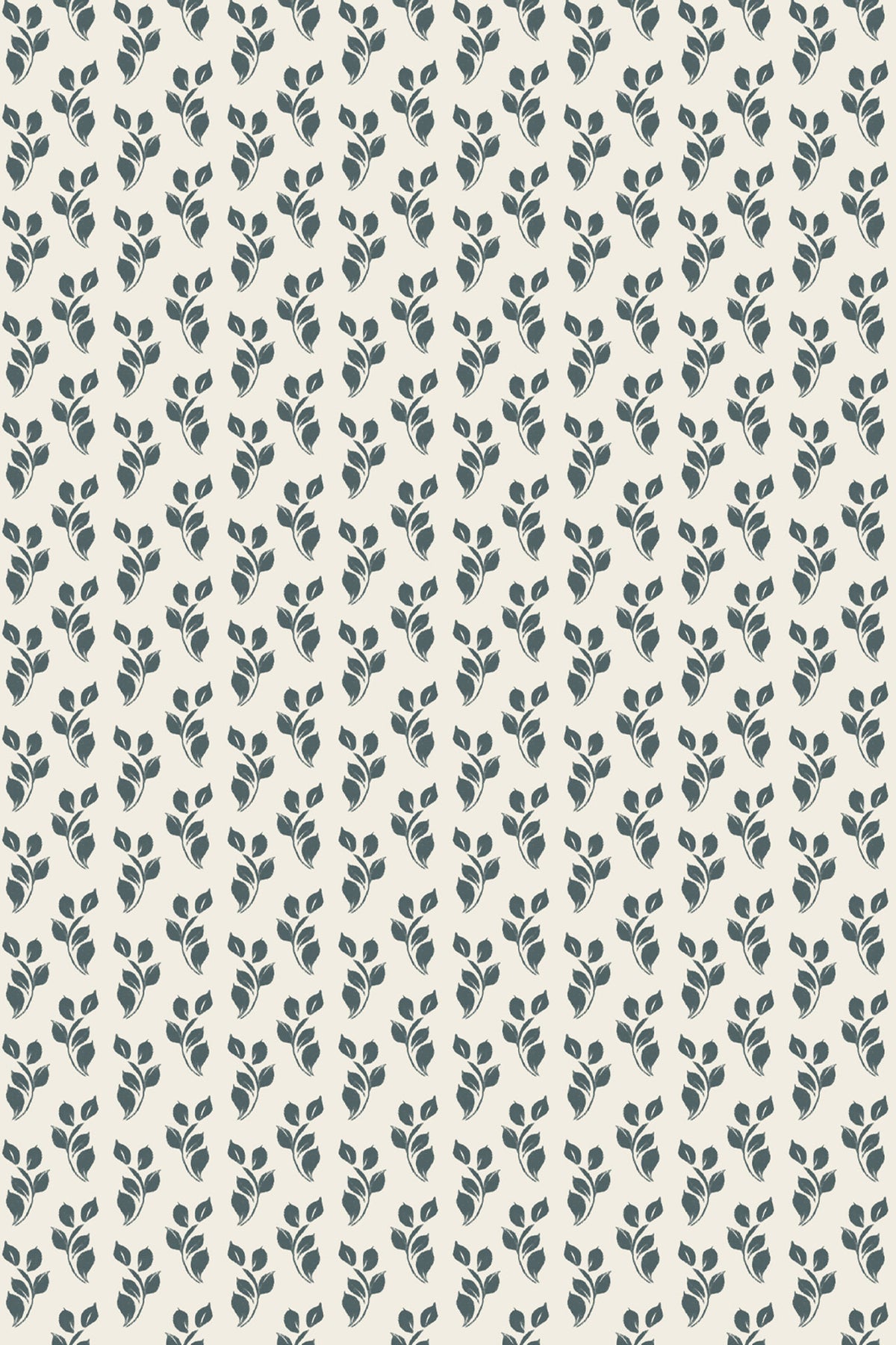A repeating botanical pattern of small leafy stems in muted blue-gray on a warm off-white background.