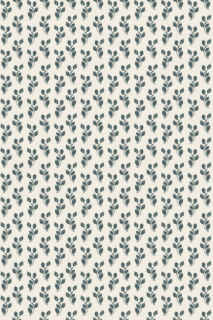 A repeating botanical pattern of small leafy stems in muted blue-gray on a warm off-white background.