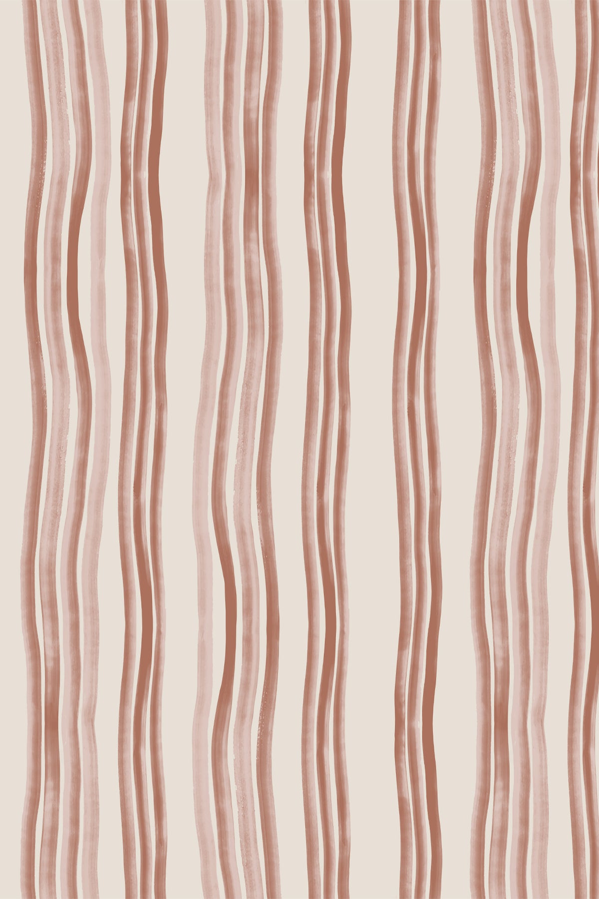 A close-up of a wallpaper or fabric pattern featuring vertical wavy stripes in a muted dusty rose-brown on a warm off-white background.