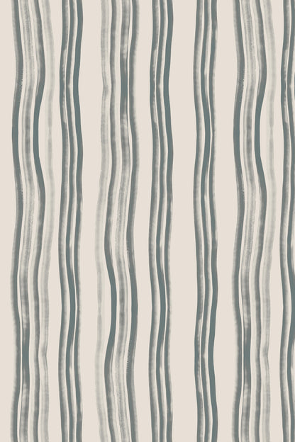 Vertical wavy stripes in muted blue-gray on a warm off-white background, shown as a flat repeating pattern.