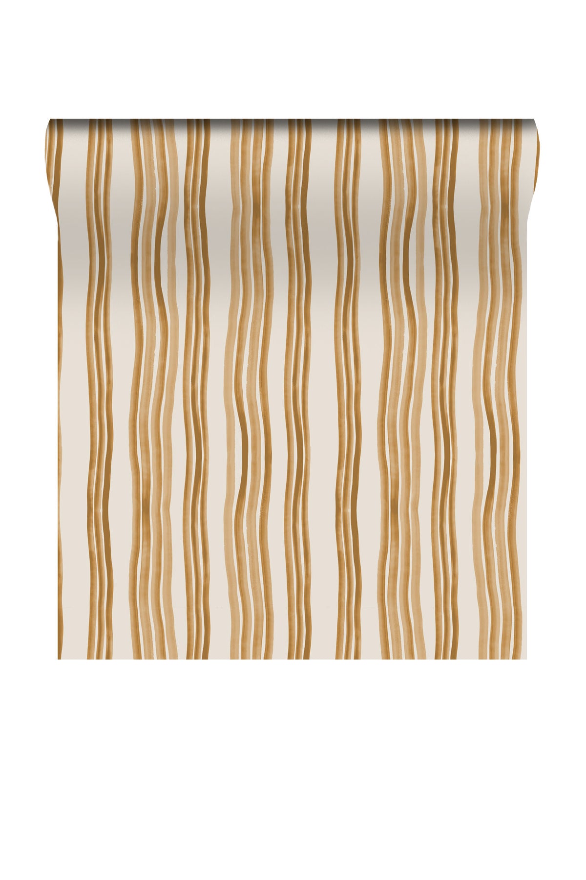 A roll of wallpaper with a vertical wavy stripe pattern in warm tan and brown on an off-white background, shown against a plain white studio backdrop.