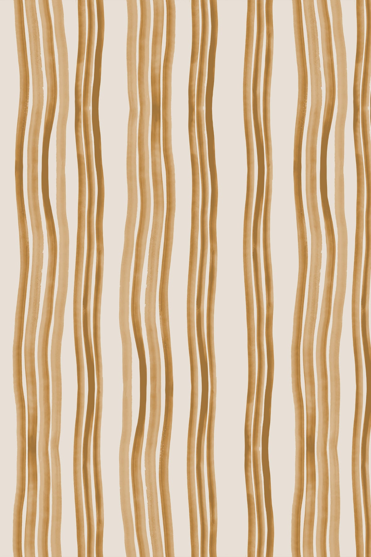 A repeating pattern of vertical wavy stripes in warm tan and light brown tones on a light cream background.