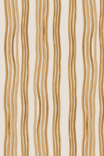 A repeating pattern of vertical wavy stripes in warm tan and light brown tones on a light cream background.