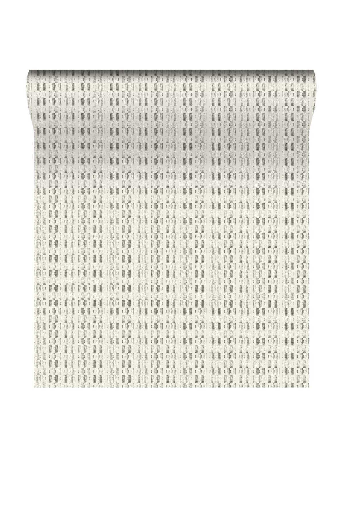 A roll of wallpaper with a repeating vertical wavy pattern in light beige and off-white, shown against a plain white background.