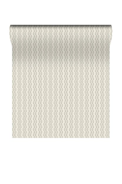 A roll of wallpaper with a repeating vertical wavy pattern in light beige and off-white, shown against a plain white background.