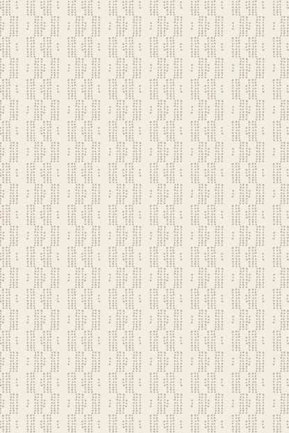 Beige wallpaper featuring a repeating vertical pattern of small, muted brown text columns.